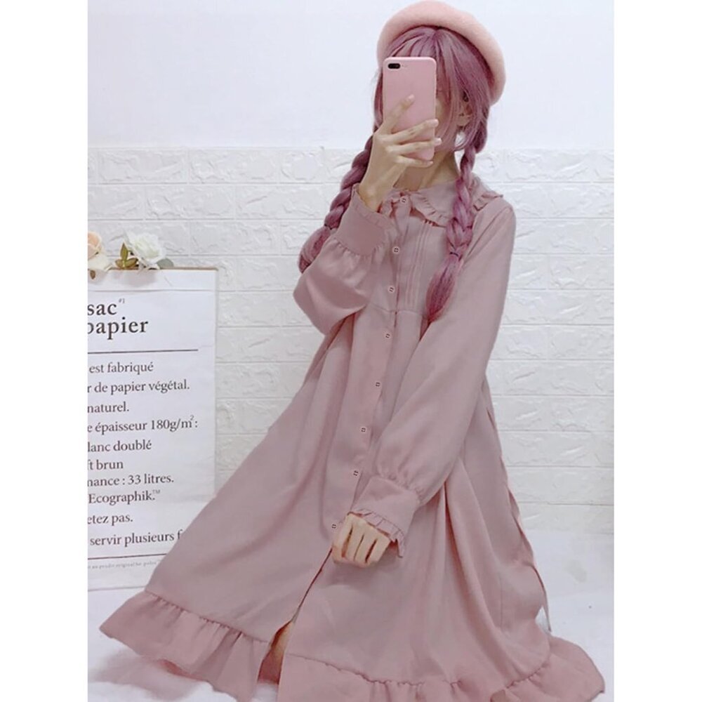 Japanese Lolita Dress Women Girls Kawaii Chiffon Long Sleeve Midi Dress - Picture 6 of 7